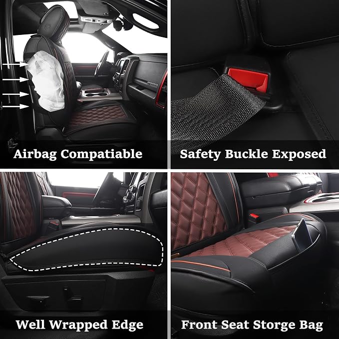 JOJOBAY Car Seat Covers for Dodge Ram,Fit 2009-2025 1500/2500/3500 HD Pick-up Truck,Crew,Regular,Quad,Mega Cab,Waterproof Synthetic Leather Seat Covers(2PCS-Front,Black-Brown)