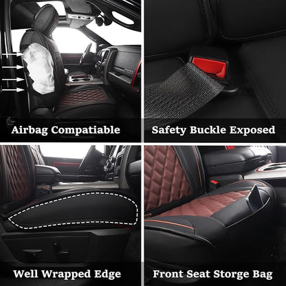 JOJOBAY Car Seat Covers for Dodge Ram,Fit 2009-2025 1500/2500/3500 HD Pick-up Truck,Crew,Regular,Quad,Mega Cab,Waterproof Synthetic Leather Seat Covers(2PCS-Front,Black-Brown)