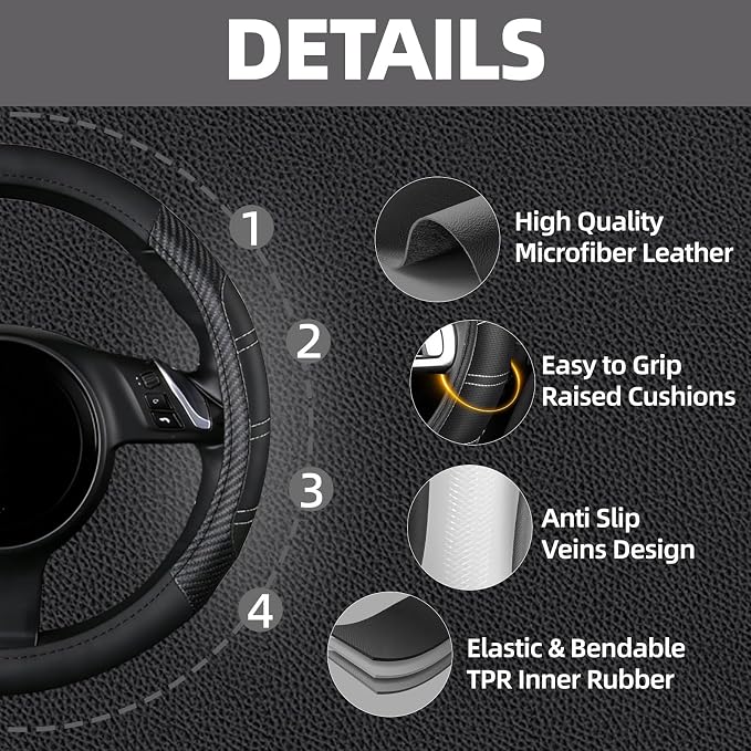 NBTEPEM 6 Pcs Black Car Accessories Set, Sport Leather Steering Wheel Cover 14.5-15inch Universal, Car Center Console Cover, Seat Belt Cushion, Cup Holder Coaster (Black Carbon Fiber)