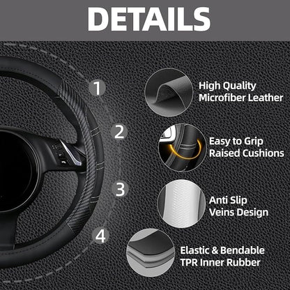 NBTEPEM 6 Pcs Black Car Accessories Set, Sport Leather Steering Wheel Cover 14.5-15inch Universal, Car Center Console Cover, Seat Belt Cushion, Cup Holder Coaster (Black Carbon Fiber)