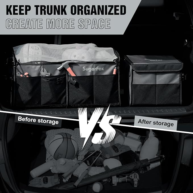 SugarFox Car Trunk Organizer for SUV - 63L+26L Modular Storage, Heavy-Duty, Foldable Waterproof, Soft & Hard Covers, Non-Slip, Multi-Compartment, Black M006