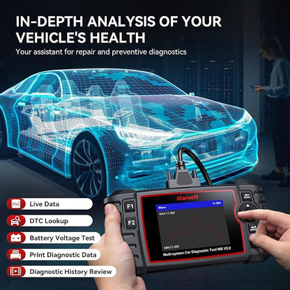 iCarsoft MB V2.0 OBD2 Scanner for Most Mercedes Benz from 1996-2023 Full System Diagnostic Scan Tool 9 Reset AutoVIN Oil/BMS/SAS/EPB/ETC/BLD/INJ/SAS Etc. Free Update Car Code Reader with Battery Test
