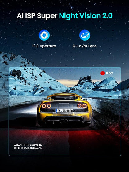 DDPAI Dash Cam Front and Rear 4K+1080P, Dash Camera for Cars with GPS, 5GHz WiFi 6, AI Night Vision 2.0, 48H Parking Mode, 64GB Card Included, ADAS, Loop Recording, Car Dash Cam, Z50 Pro
