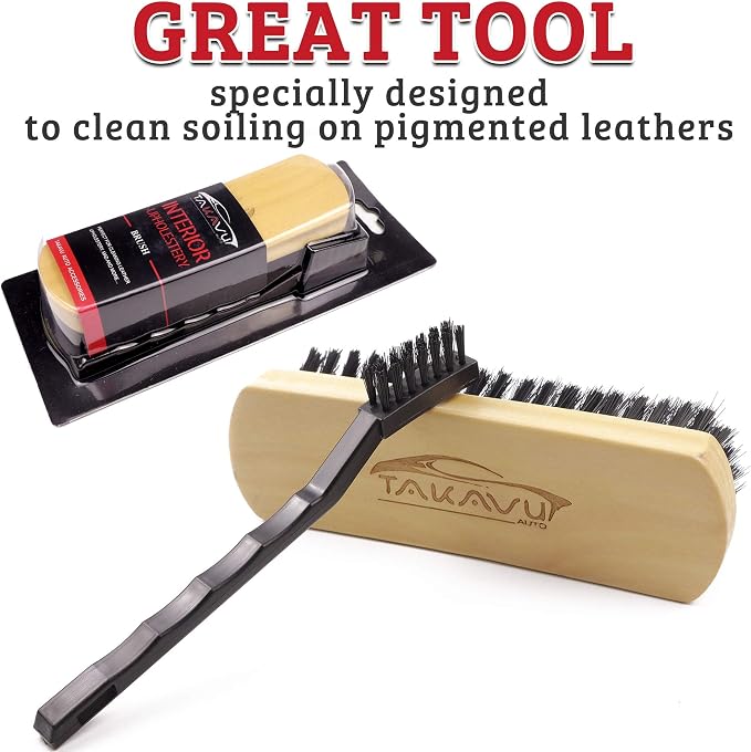 Leather & Textile Shine Brush by TAKAVU, Durable Soft Nylon Bristles, Included Detailing Cleaning Brush, Unique Concave Design Wood Handle for Car Interior Seat Carpet Upholstery Couch Boots Shoes