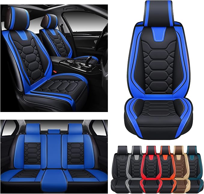 OASIS AUTO Car Seat Covers Full Set, Sporty Faux Leather with Honeycomb Pattern, Waterproof Universal Fit for SUV, Sedan, Pick-up Truck, Automotive Interior Accessories (OS-004 Black&Blue)