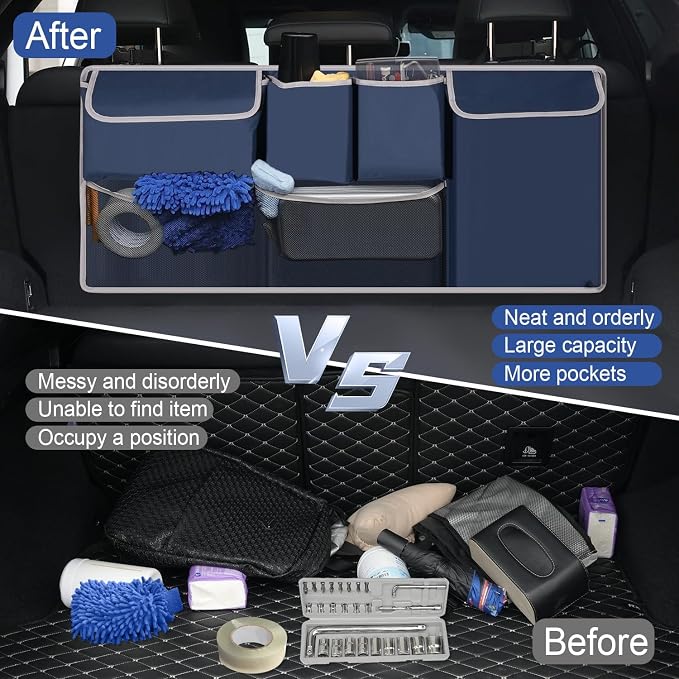 UYYE Trunk Hanging Organizer, Backseat Storage Bag, Collapsible Car Interior Accessories with 4 Pockets & 2 Mesh Pouches for Tools, Provide More Storage Trunk Space for SUV, Jeep, MPVs (Drak Blue)