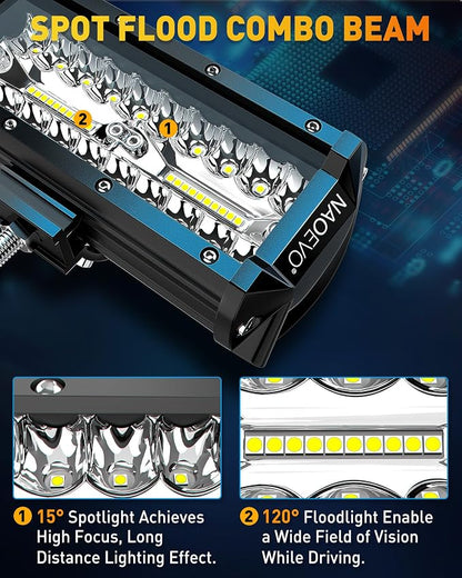 NAOEVO 7 Inch LED Light Bar, 720W 72,000LM Offroad Fog/Driving Lights LED Tractor Lights with Spot Flood Combo Beam, Waterproof LED Work Lights for Truck Boat ATV UTV, 6 Pcs (White)