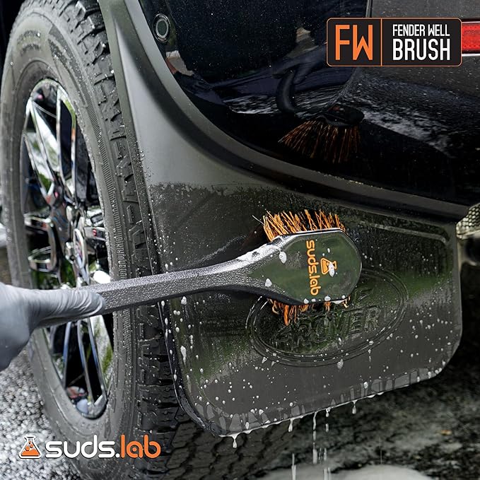 Suds Lab FW Fender Well Brush, Car Wash Brush, Long Handle Tire Cleaner for Car Detailing, 18 Inch, Soft Bristles, Non-Slip Grip, Black