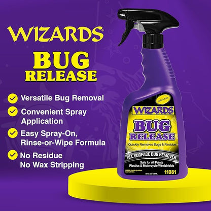 Wizards Bug Release - All Surface Bug Remover and Wash for All Vehicles - Softens and Neutralizes Acidic Bug Protein - Doubles as Spot Cleaner and Pre-Soak Car Cleaner - 22 Fl Oz