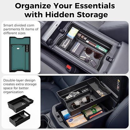 DIAMOOKY Center Console Organizer Compatible with Toyota RAV4 2026 Interior Accessories, Dual-Layer Armrest Storage Box with Lower Silicone Storage Divider Tray & Upper ABS Organizer Insert - 2pcs