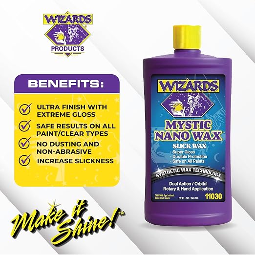 Wizards Mystic Nano Car Wax Polish - Protects and Provides Extreme Gloss and Slickness - Safe For All Paint and Clear Types Car Polishing Compound - For Both Machine and Hand Use - 32 oz