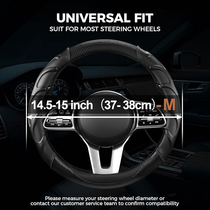 West Llama Carbon Fiber Leather Steering Wheel Cover with Anti-Slip Grip, 3D Textured Design, 14.5-15 Inch Car Steering Wheel Cover, Durable Interior Accessory (Standard Size-Black)