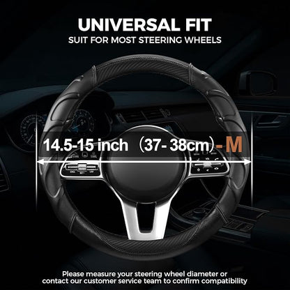 West Llama Carbon Fiber Leather Steering Wheel Cover with Anti-Slip Grip, 3D Textured Design, 14.5-15 Inch Car Steering Wheel Cover, Durable Interior Accessory (Standard Size-Black)