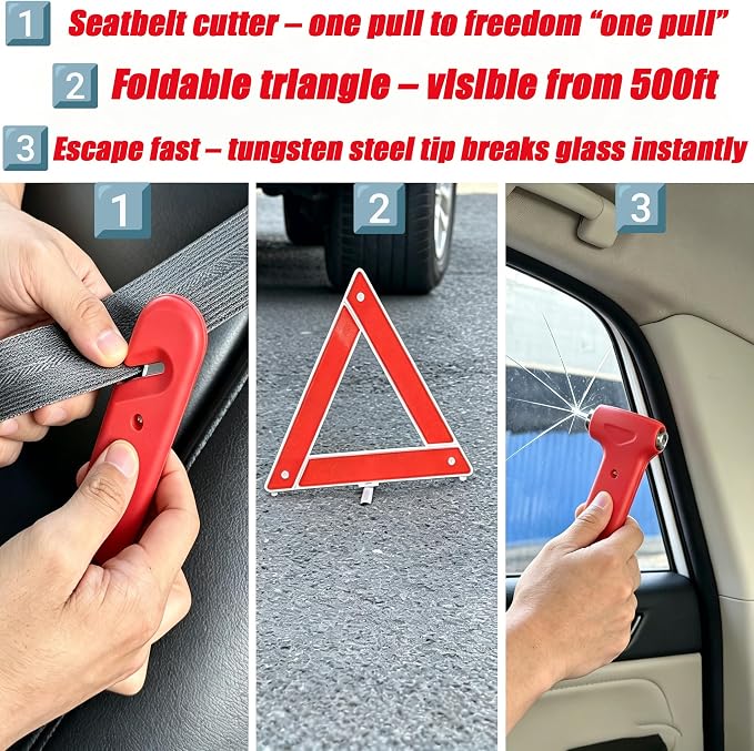 Car Roadside Emergency Kit, 6-in-1 Safety Set | Jumper Cables, Tow Rope, Warning Triangle, Safety Hammer, First Aid Kit, Storage Bag