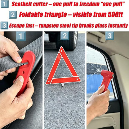 Car Roadside Emergency Kit, 6-in-1 Safety Set | Jumper Cables, Tow Rope, Warning Triangle, Safety Hammer, First Aid Kit, Storage Bag