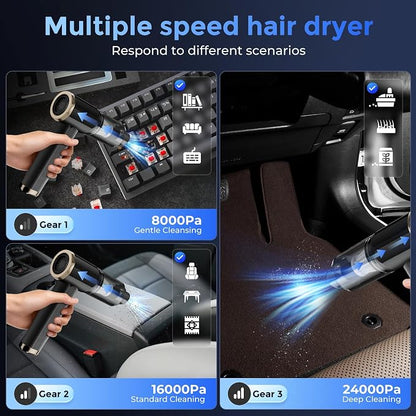Handheld Vacuum for Car, 24000Pa Cordless Car Vacuum Cleaner with Blower and Inflator, Lightweight Portable Vacuum for Pet Hair, Crumbs, Keyboard, Sofa, Black