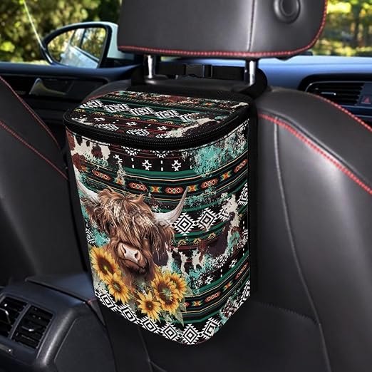 BIGCARJOB Car Trash Bag Southwest Highland Cow Car Trash Interior Accessories for Back Seat Headrest Car Trash Bin Hanging Trash Bag for Car Garbage Can