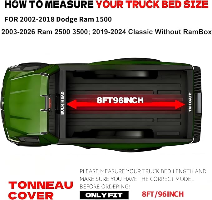 Hard Tri-Fold Truck Bed Tonneau Cover Compatible with 2002-2018 Dodge Ram 1500; 2003-2025 2026 2500 3500; 2019-2024 Classic | 8' (96") Bed
