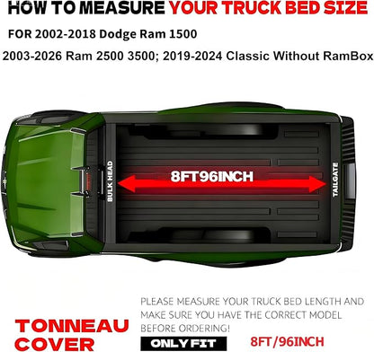 Hard Tri-Fold Truck Bed Tonneau Cover Compatible with 2002-2018 Dodge Ram 1500; 2003-2025 2026 2500 3500; 2019-2024 Classic | 8' (96") Bed
