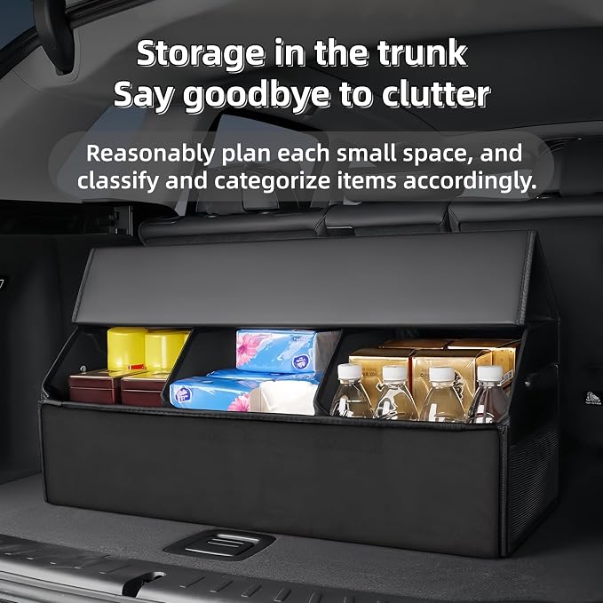 Car Organizers for Trunk for Suv Sedan, Leather Storage Box,Extra Large,Magnetic Lid,Collapsible and Adjustable, Collapsible Suede velvet， Black
