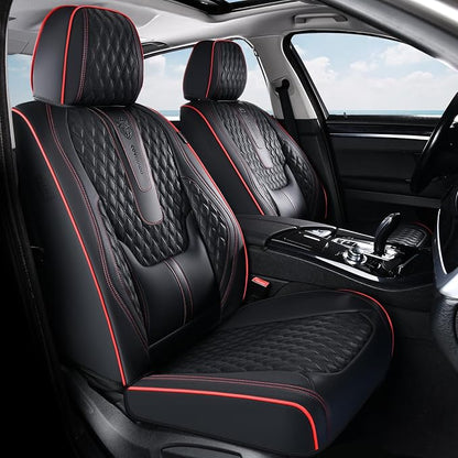Coverado Car Seat Covers Full Set, Nappa Leather Seat Covers for Car, Waterproof Car Seat Protector with Lumbar Support, Automotive Seat Covers Universal Fit for Most Cars SUV Trucks (Black-Red line)