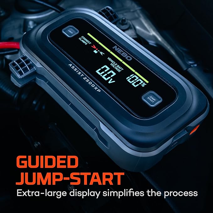 NEBO Assist 2500A Jump Starter | 2500 Peak Amps, Portable Battery Booster Pack for 12V Vehicles, Spark-Proof, USB-C Rechargeable Power Bank, LED Emergency Light, Compact 3-in-1 Roadside Kit