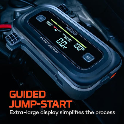 NEBO Assist 2500A Jump Starter | 2500 Peak Amps, Portable Battery Booster Pack for 12V Vehicles, Spark-Proof, USB-C Rechargeable Power Bank, LED Emergency Light, Compact 3-in-1 Roadside Kit