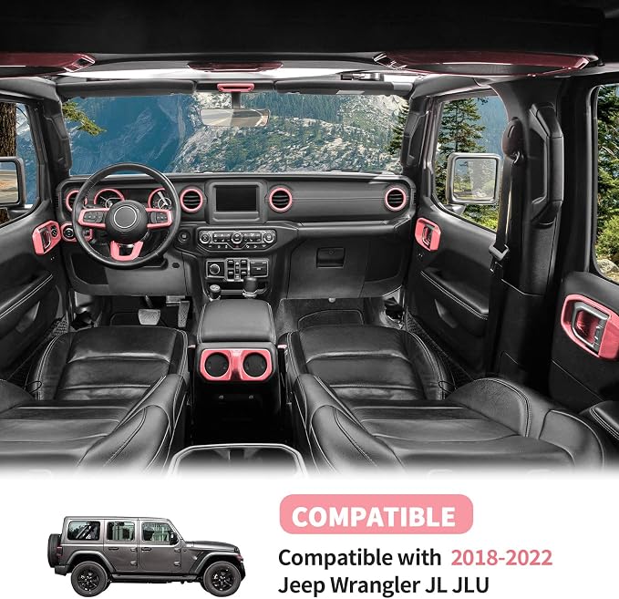 21PCS Full Set Interior Trim Kit for 2018-2023 Jeep Wrangler JL JLU, Side Outlet Door Handle Bowl Roof Reading Light Cover Trim (Pink)