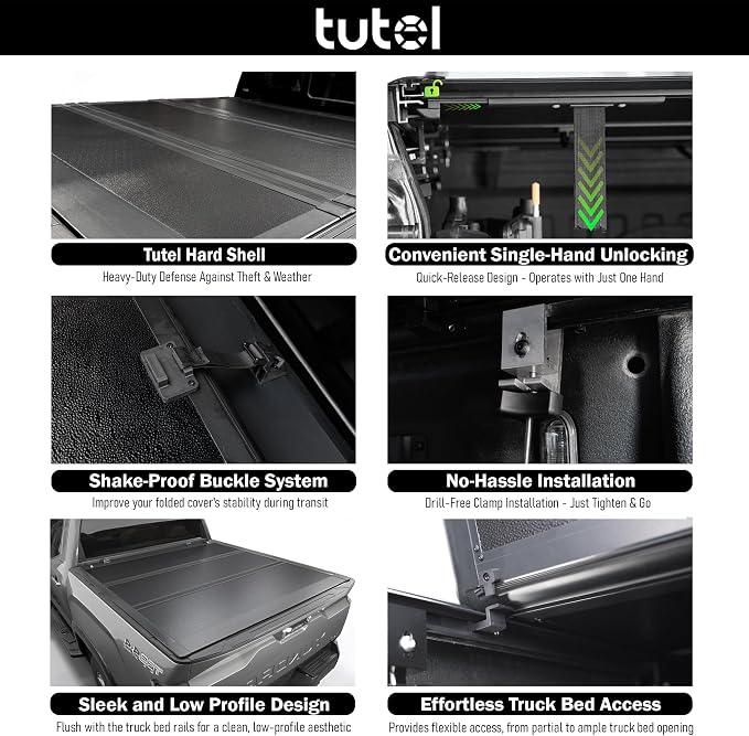 Tutel Low Profile Hard Shell Folding Truck Bed Tonneau Cover|Fits 2016-2023 Toyota Tacoma 5'1" Bed (60.5") - TTLTMLPT021