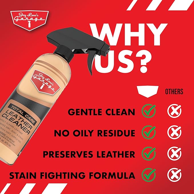 Jay Leno's Garage Leather Cleaner – Deep-Cleaning Leather Seat Cleaner for Car Interior, pH-Balanced Car Refresher That Gently Cleans, Lifts Grime, Refurbish and Restores All Leather Surfaces (16 oz)