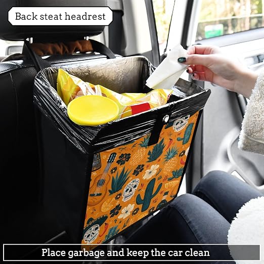 Car Trash Can Organizer Bin with Adjustable Strap for Back Front Seat Console Waterproof Leakproof Collapsible Portable 11 Inch Orange Day Of The Dead Skull Cacti