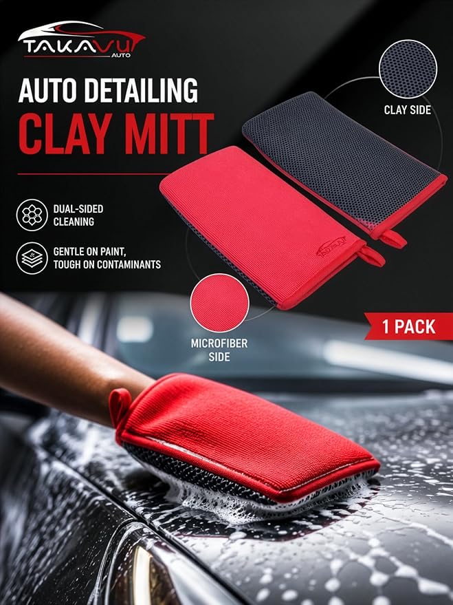 TAKAVU Auto Detailing Clay Mitt 1 Pack 9.7x6.3 inches, Magic Clay Bar Mitt Premium Mesh and Microfiber for Remove Dirts Mud Grime, Car Cleaning Detail Glass Wheel Windshield (Red)