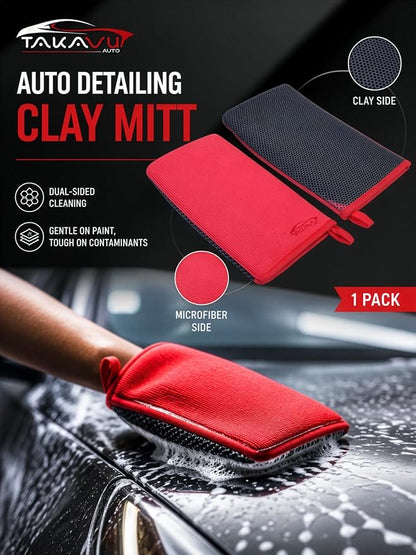 TAKAVU Auto Detailing Clay Mitt 1 Pack 9.7x6.3 inches, Magic Clay Bar Mitt Premium Mesh and Microfiber for Remove Dirts Mud Grime, Car Cleaning Detail Glass Wheel Windshield (Red)