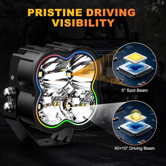 3.7 Inch LED Driving Pod Light with Remote, 200W Spot Beam Offroad Pod with DRL, Spotlights Cube Ditch Lights with 2 Amber Covers & DT Plug, White & RGB Mode, for Jeep Offroad ATV UTV, 1 Pair