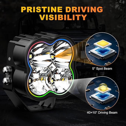 3.7 Inch LED Driving Pod Light with Remote, 200W Spot Beam Offroad Pod with DRL, Spotlights Cube Ditch Lights with 2 Amber Covers & DT Plug, White & RGB Mode, for Jeep Offroad ATV UTV, 1 Pair