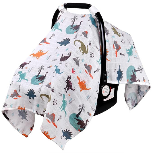 Rquite Baby Boy Car Seat Cover, 100% Muslin Cotton Infant Carseat Canopy, Soft Breathable Stroller Sun Shade & Newborn Shower Gift, Large Size Universal Fit Summer, Hot & Warm Weather (Gray Dinosaur)