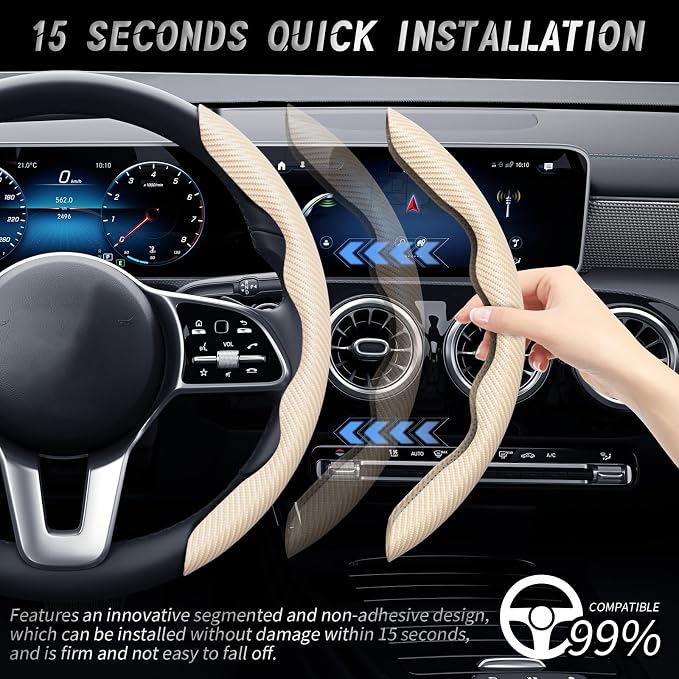 WOCOCN 2pcs Car Steering Wheel Cover,Anti-Skid Carbon Fiber Steering Wheel Protector for Men Women,Multiple Color Options,Universal for Most Car Interiors Accessories (Beige)