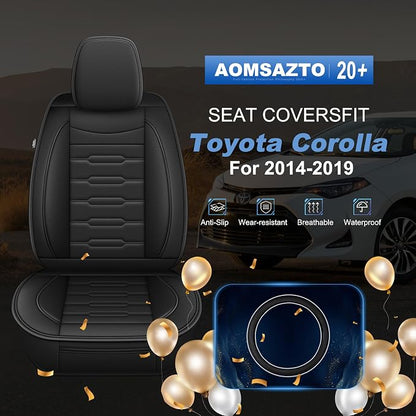 AOMSAZTO Corolla Front Car Seat Covers Custom Fit for Toyota Corolla 2014 2015 2016 2017 2018 2019 LE,SE,XSE,L,XLE,S,S Plus Faux Leather Seat Covers with Steering Wheel Cover(2 Seats,Black)