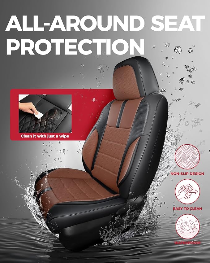 FREESOO Universal Full Seat Covers, Waterproof Faux Leather Automotive Seat Covers with Carbon Fiber Texture Seat Belt Pads, Anti-Slip Airbag Compatible Car Seat Covers for Cars SUVs Trucks