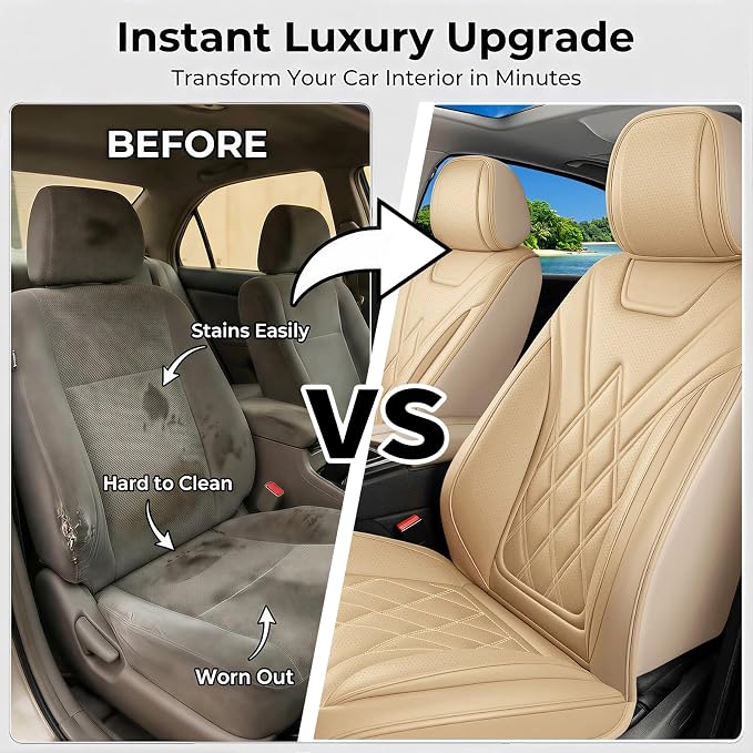 Car Seat Covers Compatible with Hyundai Palisade 2020-2026 Waterproof & Breathable Luxury Leather All-Weather Seat Cushions Protectors, Airbag Compatible, Only 2 Front seat Covers (Beige)
