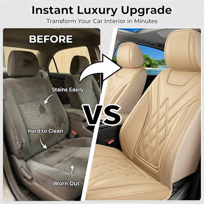 Car Seat Covers Compatible with Hyundai Equus 2011-2016 - Waterproof & Breathable Luxury Leather All-Weather Seat Cushions Protectors, Airbag Compatible, Only 2 Front seat Covers (Beige)