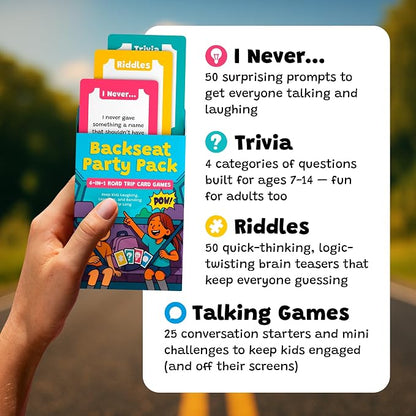 WELL BALANCED Road Trip Games for Kids Travel Essentials, Trivia, Riddles, Car Activities Must Haves for Ages 7+