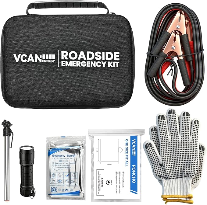 Car Emergency Safety Kit Bag with Jumper Cables, Tire Pressure Gauge, Auto Vehicle Safety Road Side Assistance Kits Essentials,for Women, Men, Teen (Black)