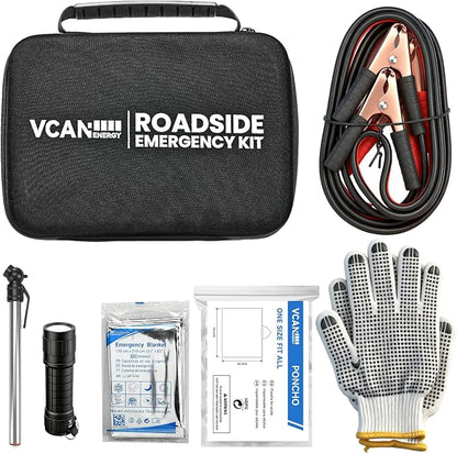 Car Emergency Safety Kit Bag with Jumper Cables, Tire Pressure Gauge, Auto Vehicle Safety Road Side Assistance Kits Essentials,for Women, Men, Teen (Black)