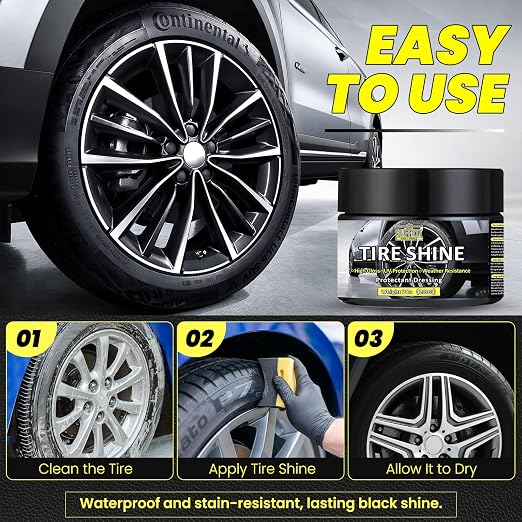 Tire Shine Gel & Wheel Cleaning Wax with Applicator Sponge, Long-Lasting Tire Dressing for Deep Black Wet Gloss Finish, UV Protection for Cars, Trucks, Motorcycles & RVs, 7oz/200g