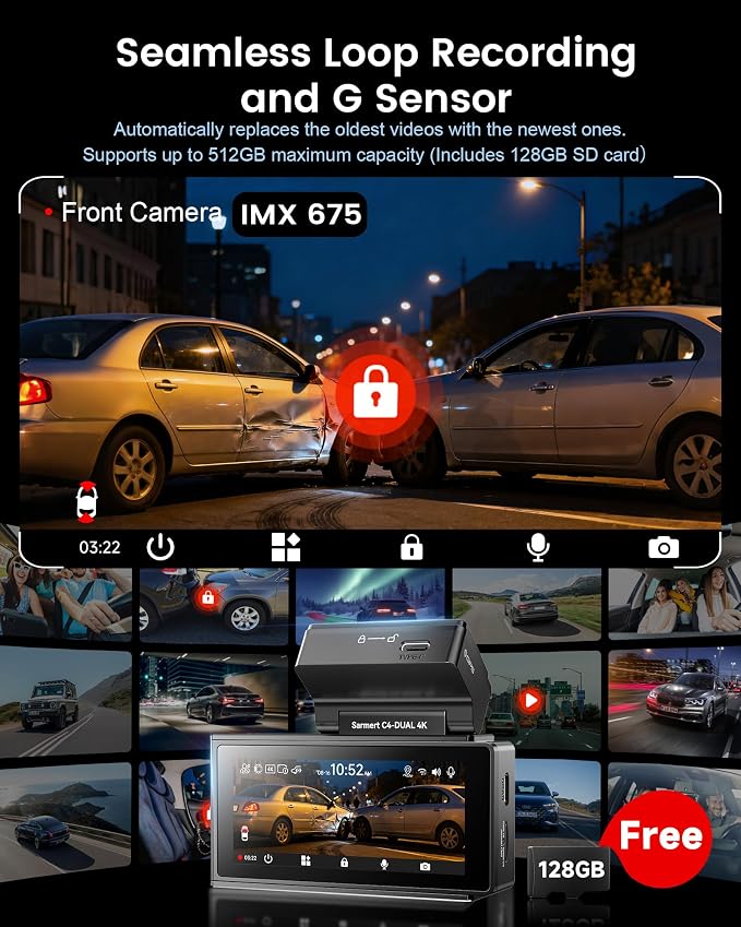 Dash Cam Front and Rear - Sarmert C4 Dual 4K Built-in GPS and 5G WiFi, Free 128GB Card Included, HDR Night Vision, WDR, 4K UHD Dash Camera for Cars, App, 24H Parking Mode