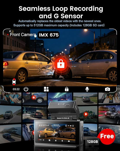 Dash Cam Front and Rear - Sarmert C4 Dual 4K Built-in GPS and 5G WiFi, Free 128GB Card Included, HDR Night Vision, WDR, 4K UHD Dash Camera for Cars, App, 24H Parking Mode