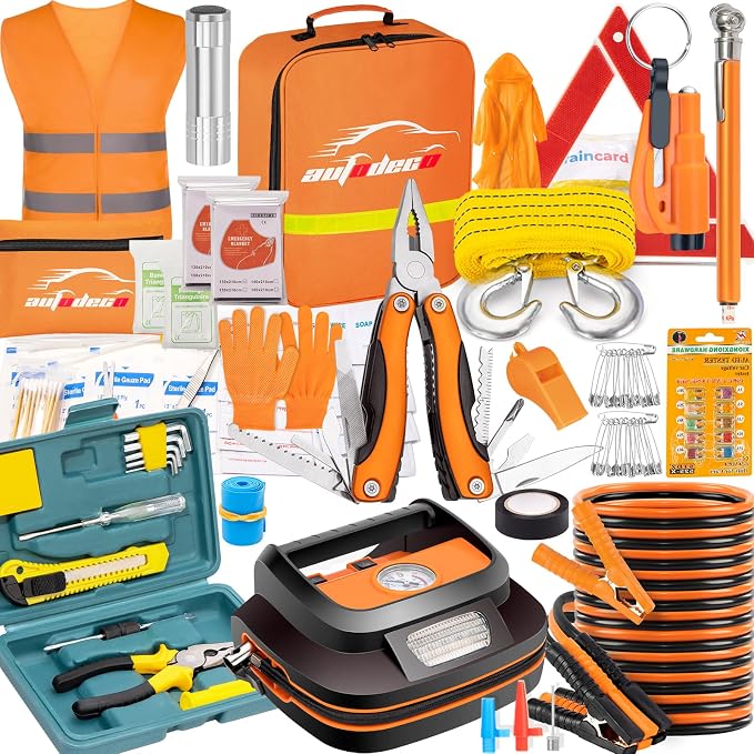 131 Pieces Car Emergency Safety Kit Bag with Air Compressor Jumper Cable Tire Pressure Gauge Roadside Emergency Car Kit for Vehicles