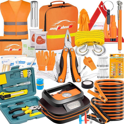 131 Pieces Car Emergency Safety Kit Bag with Air Compressor Jumper Cable Tire Pressure Gauge Roadside Emergency Car Kit for Vehicles