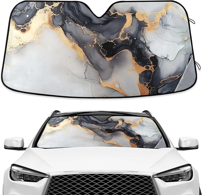 Black Marble White Gold Swirl Windshield Sunshade Car Sun Shade Front Window Shade for Truck SUV Blocks UV Rays Sun Reflector Visor Protector Accordion Folding